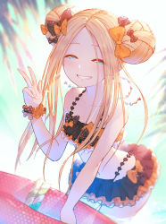 Rule 34 | 1girl, abigail williams (emerald float) (fate), abigail williams (fate), backlighting, bare shoulders, bikini, black bikini, black bow, blonde hair, blue eyes, blush, bow, breasts, collarbone, double bun, emerald float, fate/grand order, fate (series), forehead, frilled bikini, frills, grin, hair bow, hair bun, hand gesture, highres, innertube, leaning forward, long hair, looking at viewer, navel, official alternate costume, orange bow, parted bangs, polka dot, polka dot bow, small breasts, smile, solo, swim ring, swimsuit, teko, thighs, w
