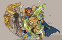 Rule 34 | 1boy, abs, armor, bara, bare pectorals, beard, blue cape, blue hair, blush, broken armor, bulge, cape, character request, copyright request, facial hair, feet out of frame, highres, holding, holding shield, huge weapon, large pectorals, male focus, mature male, midriff peek, muscular, muscular male, navel, navel hair, nipples, pants, pauldrons, pectorals, pelvic curtain, shield, short hair, shoulder armor, slime (substance), solo, sweatdrop, torn clothes, torn pants, underpec, weapon, xiaolumiaoliya