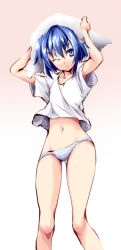 Rule 34 | 1girl, :o, arms up, blue eyes, blue hair, collarbone, female focus, gradient background, hair between eyes, legs, looking at viewer, matching hair/eyes, matsuno canel, midriff, navel, no pants, one eye closed, open mouth, original, panties, shirt, short hair, simple background, solo, standing, striped clothes, striped panties, towel, towel on head, underwear, wet, wet hair, white shirt, wink