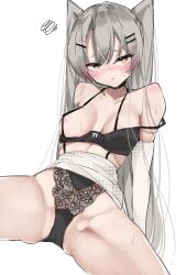 Rule 34 | 1girl, amatsukaze (kancolle), black bra, black choker, black panties, blush, bra, breasts, chigasaki yukari, choker, commentary request, grey hair, hair between eyes, hair ornament, hairclip, highres, kantai collection, long hair, looking at viewer, medium breasts, nipples, off shoulder, one breast out, orange eyes, panties, simple background, solo, spread legs, squiggle, sweat, two side up, underwear, white background