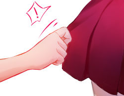 Rule 34 | !, 2girls, absurdres, close-up, clothes pull, hand focus, highres, multiple girls, original, pleated skirt, red skirt, shimmer, simple background, skirt, skirt pull, spoken exclamation mark, white background