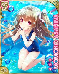 Rule 34 | asahina momoko, barefoot, brown hair, bubble, card (medium), character name, girlfriend (kari), knees together feet apart, long hair, official art, one-piece swimsuit, pool, qp:flapper, red eyes, ribbon, school swimsuit, side ponytail, solo, swimsuit, underwater, water