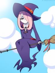 Rule 34 | 10s, 1girl, artist request, female focus, hat, little witch academia, pink hair, red eyes, simple background, solo, sucy manbavaran, tagme, witch, witch hat
