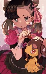 Rule 34 | 1girl, :o, asymmetrical bangs, black hair, candy, chocolate, chocolate heart, commentary request, creatures (company), dress, food, game freak, gen 3 pokemon, green eyes, hair ribbon, hand up, heart, highres, holding, holding chocolate, holding food, looking at viewer, marnie (palentine&#039;s 2022) (pokemon), marnie (pokemon), mawile, nintendo, official alternate costume, on lap, open mouth, pokemon, pokemon (creature), pokemon masters ex, pokemon on lap, red dress, ribbon, short sleeves, twintails, two side up, umiru, upper body, valentine, wrist cuffs