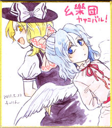 Rule 34 | 10s, 2011, 2girls, :&lt;, :d, angel wings, arms behind back, back-to-back, bad id, bad pixiv id, blonde hair, blue eyes, blue hair, bow, charin, dated, dress, female focus, hair bow, half updo, hand on own hip, hat, hat ribbon, hip focus, looking back, mai (touhou), multiple girls, mystic square, nib pen (medium), open mouth, ribbon, shikishi, short hair, slit pupils, smile, touhou, touhou (pc-98), traditional media, watercolor pencil (medium), wings, witch, yellow eyes, yuki (touhou)