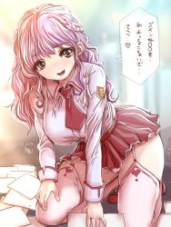 Rule 34 | 1girl, breasts, brown eyes, dated, garter belt, garter straps, large breasts, looking at viewer, original, paper, picking up, pink hair, print thighhighs, school uniform, skirt, solo, souryu, spill, text focus, thighhighs, translation request, wavy hair