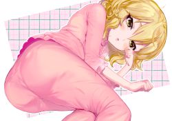 Rule 34 | 1girl, :o, ass, blonde hair, feet out of frame, frilled sleeves, frills, green eyes, half-closed eyes, highres, idolmaster, idolmaster cinderella girls, looking at viewer, lying, mugentansan, on side, outline, pajamas, parted lips, plaid, plaid background, sakurai momoka, short hair, sleeves past elbows, solo, white outline, wiping face