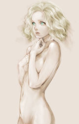 Rule 34 | 1girl, bad id, bad pixiv id, blonde hair, breasts, fingernails, green eyes, ikeda masateru, lips, metal gear (series), metal gear solid: peace walker, navel, nude, out-of-frame censoring, paz ortega andrade, pink background, short hair, simple background, solo