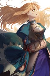 Rule 34 | 1girl, ahoge, armor, armored dress, artoria pendragon (fate), bleeding, blonde hair, blood, blood from mouth, blood on arm, blood splatter, blue dress, cuts, dress, fate/stay night, fate (series), faulds, floating hair, gauntlets, green eyes, highres, hojiro (piko519), injury, light particles, looking up, saber (fate), simple background, solo, torn clothes, white background
