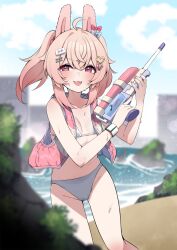 Rule 34 | 1girl, absurdres, ahoge, animal ears, beach, bikini, blue bow, blurry, blurry background, blurry foreground, bow, character name, cloud, collarbone, flat chest, grey bikini, hair ornament, hairclip, heart, heart hair ornament, highres, mahjong, mahjong tile, mahjong tile hair ornament, medium hair, mismatched bikini, open mouth, phase connect, pink bow, pink eyes, pink hair, pink vest, pipkin pippa, rabbit ears, rabbit girl, rock, shell hair ornament, sky, solo, swimsuit, twintails, two-tone vest, valefal coneri, vest, virtual youtuber, water gun, wet, white bikini