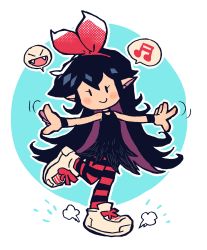 Rule 34 | 1girl, black dress, black hair, blush stickers, bow, bow hairband, closed mouth, colored inner hair, dress, full body, hair bow, hairband, halftone, highres, long hair, looking at viewer, multicolored hair, musical note, original, outline, outstretched arms, pantyhose, rariatto (ganguri), red bow, red hairband, red pantyhose, shoes, smile, solid oval eyes, solo, spoken musical note, spread arms, standing, standing on one leg, striped clothes, striped pantyhose, very long hair, white footwear, white outline, wristband, zakuro (rariatto)