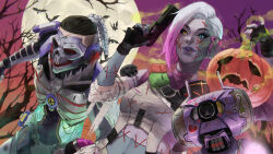 Rule 34 | 1boy, 1girl, absurdres, apex legends, apex legends mobile, back hair, bare tree, black bodysuit, black gloves, blue eyes, bodysuit, bossan 3310, cable, clothing cutout, completion time, copyright name, fade (apex legends), fingerless gloves, gloves, gradient hair, grey overalls, gun, halloween, handgun, heterochromia, highres, holding, holding gun, holding weapon, jack-o&#039;-lantern, leaning forward, logo, long bangs, looking at viewer, mask, moon, multicolored hair, navel, nessie (respawn), non-humanoid robot, official art, overalls, p2020 (pistol), patchwork skin, pink hair, promotional art, red nails, rhapsody (apex legends), robot, rowdy (apex legends), sticker, stomach cutout, swept bangs, tree, weapon, white hair, yellow eyes, zombie