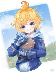 Rule 34 | 1boy, ahoge, arm guards, artist name, black gloves, blonde hair, blue eyes, blue jacket, blue sky, blush, book, hugging book, closed mouth, commentary request, cropped torso, day, field, genshin impact, gloves, grass, hair between eyes, hands up, holding, holding book, hood, hood down, hoodie, hugging object, jacket, kmpukka, long sleeves, looking at viewer, low ponytail, male focus, mika (genshin impact), open clothes, open jacket, ponytail, short hair, short ponytail, sidelocks, signature, sky, smile, solo, twitter username, upper body, vision (genshin impact), white hoodie