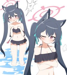 Rule 34 | 1girl, absurdres, animal ears, bare arms, bare legs, bare shoulders, bikini, black hair, blue archive, cat ears, frilled bikini, frills, hagoonha, highres, long hair, official alternate costume, red eyes, serika (blue archive), serika (swimsuit) (blue archive), swimsuit, twintails, white background