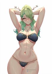 Rule 34 | 1girl, absurdres, antlers, armpits, bikini, blush, braid, braided bangs, branch, breasts, ceres fauna, cleavage, collarbone, flower, gluteal fold, green hair, hair flower, hair ornament, highres, hololive, hololive english, horns, jewelry, large breasts, long hair, looking at viewer, mole, mole under eye, multicolored hair, myth1carts, navel, smile, solo, stomach, sweat, swimsuit, thigh gap, thighs, twitter logo, virtual youtuber, yellow eyes