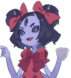 Rule 34 | 1girl, arthropod girl, black hair, bow, colored skin, cup, extra arms, extra eyes, hair bow, hajime (hajime-ill-1st), holding, monster girl, muffet, open mouth, purple eyes, purple skin, red shirt, ribbon, shirt, short hair, simple background, smile, solo, teacup, teapot, two side up, undertale, upper body, white background