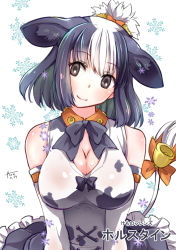 Rule 34 | 1girl, animal ears, animal print, bare shoulders, bell, black bow, black bowtie, black eyes, black hair, bow, bowtie, breasts, character name, chiki yuuko, cleavage, closed mouth, commentary request, copyright name, cow ears, cow girl, cow print, cow tail, dress, gloves, hair bow, head tilt, holstein friesian cattle (kemono friends), kemono friends, multicolored hair, orange bow, print dress, smile, snowflakes, solo, tail, tail bell, tail bow, tail ornament, two-tone hair, upper body, white hair, white tail