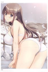 Rule 34 | 1girl, absurdres, artist name, ass, bare arms, bare shoulders, bikini, black eyes, blush, breasts, brown hair, closed mouth, day, from behind, fumio (ura fmo), hand on own hip, highres, large breasts, long hair, looking at viewer, looking back, onsen, outdoors, page number, partially submerged, scan, sidelocks, smile, snow, snowing, solo, swimsuit, thighs, toranoana, water, white bikini