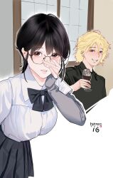 Rule 34 | 1boy, 1girl, black bow, black bowtie, black hair, black skirt, blonde hair, bow, bowtie, collared shirt, cup, drinking glass, glasses, highres, hitomi o, holding, holding cup, layered sleeves, long sleeves, looking at viewer, original, pleated skirt, shirt, short hair, short over long sleeves, short sleeves, signature, skirt, solo focus, white shirt, wine glass