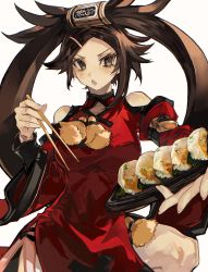 Rule 34 | 1girl, absurdres, blush, breasts, brown eyes, brown hair, chopsticks, detached sleeves, food, found modori, guilty gear, guilty gear xrd, hair ornament, hairclip, highres, kuradoberi jam, large breasts, leg up, long hair, long sleeves, looking at viewer, open mouth, outstretched arm, solo, thighs, tray, v-shaped eyebrows, wide sleeves