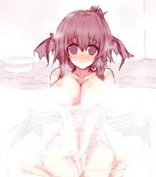 Rule 34 | 1girl, alternate hairstyle, bat wings, blush, breasts, censored, folded ponytail, head wings, koakuma, large breasts, looking at viewer, multiple wings, nude, onsen, pandamonium, partially submerged, red eyes, red hair, sitting, sketch, solo, touhou, v arms, water, wings