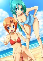 Rule 34 | 2girls, :d, asymmetrical bangs, barefoot, beach, bent over, bikini, blue eyes, blue one-piece swimsuit, blue sky, blush, breasts, card (medium), casual one-piece swimsuit, cleavage, cloud, cloudy sky, day, dutch angle, frilled swimsuit, frills, green hair, hand on own hip, hand on own knee, high ponytail, highres, higurashi no naku koro ni, knees together feet apart, large breasts, light smile, long hair, looking at viewer, multiple girls, o-ring, o-ring bikini, o-ring top, ocean, official art, on ground, one-piece swimsuit, open mouth, orange hair, outdoors, outstretched arm, parted bangs, ponytail, print swimsuit, rato, red bikini, rounded corners, ryuuguu rena, scan, short hair, sitting, sky, small breasts, smile, sonozaki mion, strap pull, swimsuit, v, very long hair, water, watermark
