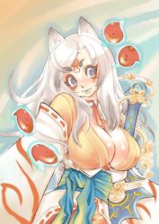 Rule 34 | 1girl, amaterasu (ookami), animal ears, breasts, cleavage, japanese clothes, large breasts, makeup, ookami (game), personification, purple eyes, silver hair, solo, sword, tattoo, tsuutenkaaku, weapon