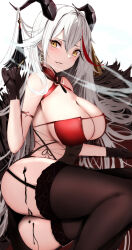 Rule 34 | 1girl, aegir (azur lane), aegir (golden dragon among auspicious clouds) (azur lane), ass, azur lane, bare shoulders, black gloves, black panties, blush, breasts, brown thighhighs, cleavage, collarbone, dress, earrings, gloves, highres, horns, itete, jewelry, large breasts, long hair, looking at viewer, multicolored hair, official alternate costume, panties, red dress, red hair, sideless outfit, smile, solo, streaked hair, thighhighs, thighs, underwear, white hair, yellow eyes