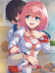 Rule 34 | 1boy, 1girl, bad id, bad pixiv id, black hair, blue eyes, breasts, closed eyes, food, hairband, highres, holding, holding jug, hug, hug from behind, jug (bottle), kitchen, long sleeves, medium breasts, milk, open mouth, pink hair, pouring, princess connect!, revision, short hair, smile, standing, upper body, yako noir (kei-ne), yui (princess connect!), yuuki (princess connect!)