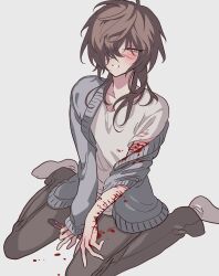 Rule 34 | 1boy, androgynous, bad id, bad twitter id, black pants, bleeding, blood, blood on clothes, blue cardigan, boxcutter, brown eyes, brown hair, cardigan, cuts, full body, grey background, hair over one eye, half-closed eyes, highres, holding, holding boxcutter, injury, long hair, long sleeves, looking at viewer, male focus, meremero, no shoes, off shoulder, open mouth, pants, scar, scar on arm, scar on face, self-harm, self-harm scar, shirt, short sleeves, simple background, sitting, slow damage, smile, socks, solo, t-shirt, towa (slow damage), wariza, white shirt, white socks, wrist cutting