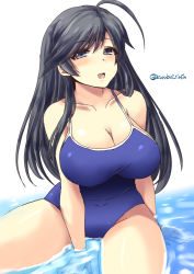 Rule 34 | 10s, 1girl, ahoge, bare shoulders, between legs, black hair, blue eyes, blush, breasts, collarbone, competition school swimsuit, covered navel, girls und panzer, hand between legs, isuzu hana, large breasts, long hair, looking at viewer, one-piece swimsuit, open mouth, school swimsuit, shinshin, sitting, smile, solo, swimsuit, twitter username