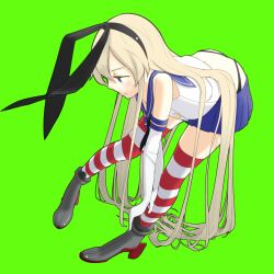 Rule 34 | 10s, 1girl, bad id, bad pixiv id, blonde hair, blue eyes, elbow gloves, epitaph (1122), gloves, green background, hairband, kantai collection, long hair, shimakaze (kancolle), simple background, solo, striped clothes, striped thighhighs, thighhighs, very long hair