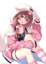 Rule 34 | 1girl, :p, animal hood, black choker, black shirt, blush, breasts, brown eyes, brown hair, choker, cleavage, closed mouth, clothing cutout, commentary, denim, denim shorts, dog hood, dog tail, feet out of frame, fukahire (ruinon), fur-trimmed sleeves, fur trim, hair between eyes, hair over shoulder, head tilt, hololive, hood, hooded jacket, inugami korone, inugami korone (loungewear), jacket, jewelry, knee up, large breasts, leg warmers, long hair, long sleeves, looking at viewer, o-ring, o-ring choker, o-ring thigh strap, official alternate costume, pendant, pink jacket, shirt, shorts, shoulder cutout, simple background, sitting, sleeves past wrists, smile, solo, symbol-only commentary, tail, thigh strap, tongue, tongue out, twitter username, virtual youtuber, white background