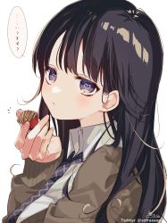 Rule 34 | 1girl, :o, absurdres, black hair, black necktie, blue eyes, brown cardigan, cardigan, chocolate, collared shirt, commentary request, food, heart, heart-shaped pupils, highres, holding, holding food, long hair, looking at viewer, necktie, open cardigan, open clothes, original, parted lips, shirt, signature, simple background, sofra, solo, symbol-shaped pupils, translation request, twitter username, upper body, valentine, white background, white shirt
