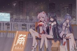Rule 34 | 3girls, 9malefi9, :d, absurdres, arknights, bandeau, bare legs, black coat, blue hair, city, coat, commentary request, crowd, dress, dusk (arknights), fireworks, great lungmen logo, highres, horns, ling (arknights), long hair, looking at viewer, midriff, multiple girls, navel, nian (arknights), off shoulder, open clothes, open coat, open mouth, outdoors, pointy ears, purple eyes, shoes, siblings, silver hair, sisters, sleeveless, sleeveless dress, smile, stomach, strapless, tube top, white coat, white dress, white footwear