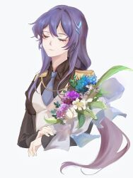 Rule 34 | 1girl, absurdres, black shirt, blue flower, blue necktie, cheng lixue, closed eyes, closed mouth, collared shirt, commentary request, cropped torso, dress, epaulettes, facing viewer, flower, grey background, hair ornament, highres, honkai (series), honkai impact 3rd, long hair, long sleeves, necktie, purple flower, purple hair, shirt, simple background, solo, upper body, white dress, white flower, x51489586
