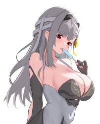 Rule 34 | 1girl, armor, armored gloves, bandaged head, bandages, black gloves, blush, breasts, bug, butterfly, cleavage, commentary request, covered navel, detached sleeves, fingerless gloves, food, gloves, goddess of victory: nikke, grey hair, hair ribbon, holding, holding food, insect, large breasts, light blush, long hair, looking at viewer, modernia (nikke), popsicle, red eyes, ribbon, sidelocks, simple background, solo, white background, xi oshir1, yellow ribbon