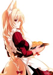Rule 34 | 1girl, animal ears, apron, blonde hair, braid, bread, breasts, dated, dress, food, fox ears, fox tail, konshin, long hair, long sleeves, looking at viewer, looking back, maid, maid apron, original, oven mitts, puffy sleeves, red eyes, signature, simple background, smile, solo, tail, very long hair, white background