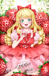 Rule 34 | 1girl, :d, absurdres, blonde hair, blush, bow, breasts, commentary request, dress, drill hair, food, frilled dress, frilled sleeves, frills, fruit, green eyes, hair bow, hair ribbon, hand on own chest, highres, long hair, looking at viewer, medium breasts, nail polish, onene, open mouth, original, pinafore dress, puffy short sleeves, puffy sleeves, red bow, red dress, red nails, red ribbon, ribbon, short sleeves, sitting, sleeveless dress, smile, solo, strawberry