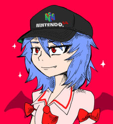 Rule 34 | 1girl, alternate headwear, baseball cap, blue hair, clothes writing, fang, female focus, game console, hat, logo, nintendo, red background, red eyes, remilia scarlet, setz, simple background, slit pupils, solo, sparkle, touhou, wings