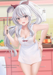 Rule 34 | 1girl, :d, apron, arikawa rui, bad id, bad twitter id, bare arms, bare shoulders, blurry, breasts, brown eyes, cleavage, collarbone, commission, depth of field, fangs, hair ribbon, hand on own hip, highres, holding, indie virtual youtuber, indoors, ladle, leaning forward, long hair, looking at viewer, mai rubee, medium breasts, naked apron, open mouth, pointy ears, ponytail, ribbon, sidelocks, smile, solo, standing, very long hair, virtual youtuber, white hair