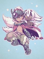 Rule 34 | 1boy, 1girl, brown hair, dark-skinned female, dark-skinned male, dark skin, faputa, furry, hairband, helmet, highres, made in abyss, male focus, mechanical arms, moonshen timojim, navel, pointy ears, procreate (medium), regu (made in abyss), robot