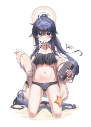 Rule 34 | 1girl, absurdres, alternate costume, bags under eyes, barefoot, bikini, black bikini, black hair, blue archive, blue eyes, blue hairband, book, breasts, cardigan, commentary request, di le to, frilled bikini, frills, grey cardigan, hair between eyes, hairband, halo, highres, holding, holding book, long hair, long sleeves, looking at viewer, navel, open cardigan, open clothes, ponytail, revision, small breasts, smile, solo, starfish, stomach, swimsuit, toes, ui (blue archive), very long hair