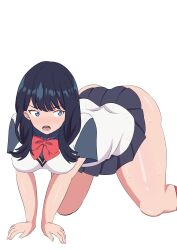 Rule 34 | 1girl, absurdres, akogare hammer, all fours, ass, bare legs, black hair, black skirt, blue eyes, blush, bow, breasts, check commentary, collared shirt, commentary, commentary request, curvy, eyelashes, fallen down, gridman universe, gridman universe (film), highres, long hair, looking back, miniskirt, open mouth, pleated skirt, plump, red bow, red socks, school uniform, shirt, short sleeves, simple background, skirt, small breasts, socks, solo, ssss.gridman, sweat, sweater vest, swept bangs, takarada rikka, thighs, uniform, white background