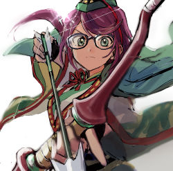 Rule 34 | &gt;:(, 1girl, arrow (projectile), asa (asa 410st), black-framed eyewear, black gloves, bow (weapon), cape, closed mouth, commentary, fingerless gloves, floating hair, flower knot, glasses, gloves, gradient background, green cape, green eyes, green hat, green kimono, grey background, hands up, hat, holding, holding arrow, holding bow (weapon), holding weapon, hoshimi junna, index finger raised, japanese clothes, kimono, long hair, long sleeves, looking at viewer, official alternate costume, outstretched arm, ponytail, purple hair, shoujo kageki revue starlight, shoujo kageki revue starlight -re live-, sketch, solo, standing, swept bangs, tate eboshi, twitter username, two-tone kimono, upper body, v-shaped eyebrows, weapon, white background, white kimono