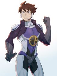 Rule 34 | 1boy, backlighting, bodysuit, brown hair, clenched hand, contrapposto, facial hair, gradient background, hayasugi hokuto, headset, male focus, pilot suit, ponzu (beetle burner), shinkalion (series), shinkansen henkei robo shinkalion, simple background, solo, spiked hair, standing, stubble, sweatdrop, white background