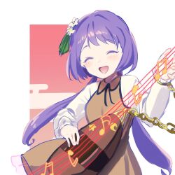 Rule 34 | 1girl, ama (pixiv 50406250), beamed eighth notes, beamed sixteenth notes, biwa lute, brown dress, chain, closed eyes, colored eyelashes, dress, flower, hair flower, hair ornament, instrument, long hair, long sleeves, lute (instrument), musical note, one-hour drawing challenge, open mouth, purple hair, sixteenth note, smile, solo, touhou, tsukumo benben, upper body, white flower