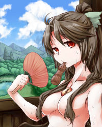 Rule 34 | 1girl, bow, breasts, brown hair, casual nudity, censored, convenient censoring, day, female focus, forest, hair bow, hair censor, hair over breasts, hand fan, highres, hot, large breasts, long hair, madara hato, nature, nude, nudist, red eyes, reiuji utsuho, scenery, solo, summer, sweat, third eye, touhou