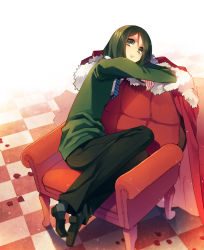 Rule 34 | 1boy, androgynous, black hair, cape, chair, checkered floor, fate/stay night, fate/zero, fate (series), floor, green eyes, green hair, male focus, matching hair/eyes, necktie, petals, rugo, solo, trap, waver velvet