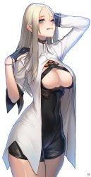 Rule 34 | 1girl, :q, blonde hair, blue eyes, breasts, cleavage, closers, harpy (closers), highres, hip focus, instant ip, lab coat, large breasts, long hair, looking at viewer, mole, mole under eye, short shorts, shorts, simple background, solo, tongue, tongue out, white background
